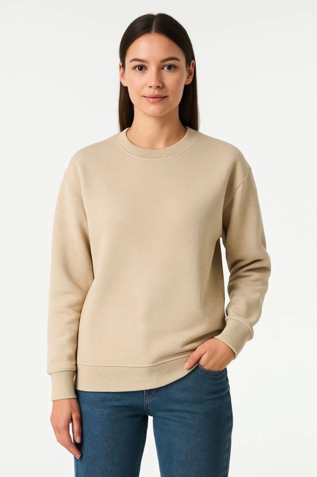 Üç Iplik Düz Bisiklet Yaka Sweatshirt - Bej görsel 2