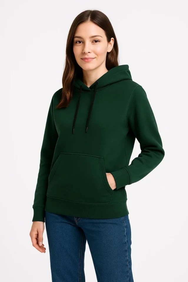 Üç Iplik Kapüşonlu Kanguru Çepli Sweatshirt Hoodie - Haki