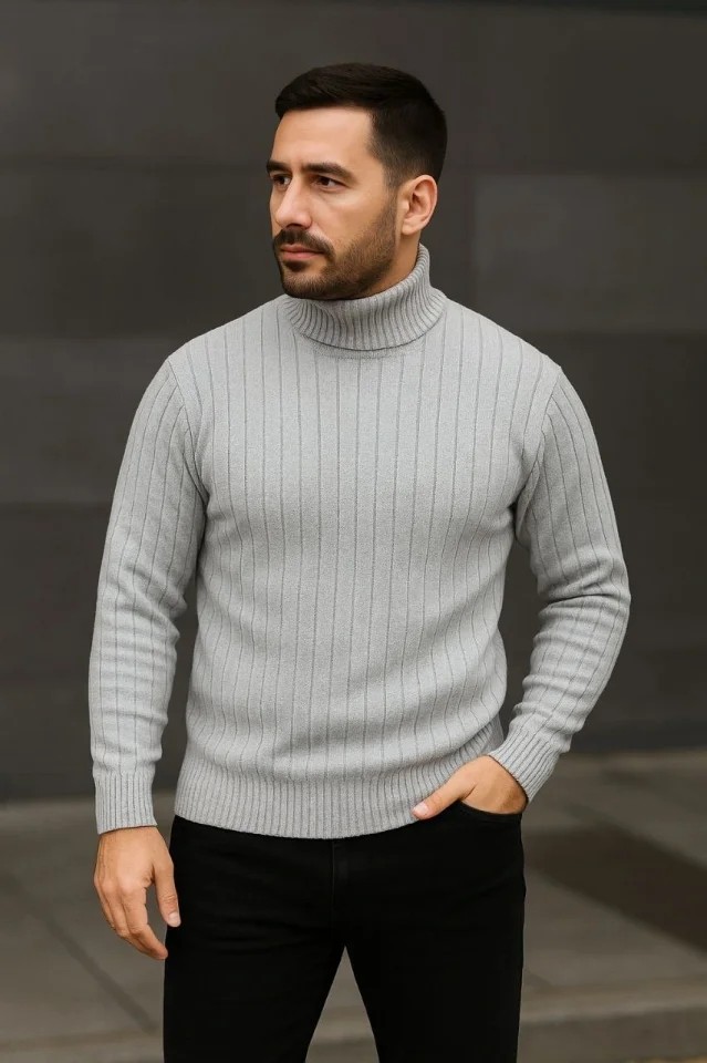 Erkek Fitilli Triko Kazak 3lü Set Gri Haki Siyah Regular Balıkcı Yaka Tam Boğazlı Triko Seti Modeli Kazak görsel 4