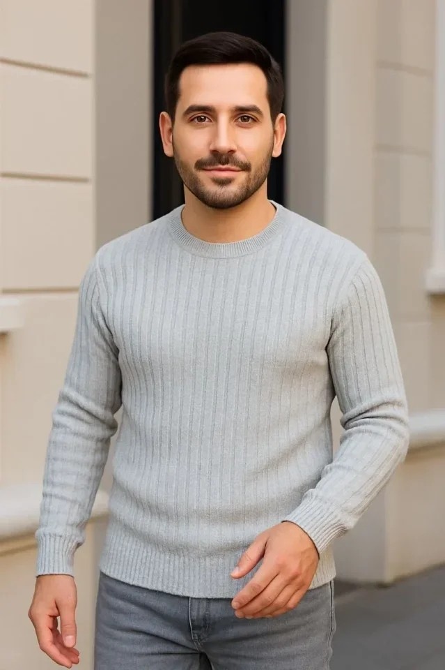 Erkek Fitilli Triko Kazak 3lü Set Gri Haki Siyah Regular Fit Bisiklet Yaka Triko Seti Modeli Kazak görsel 2
