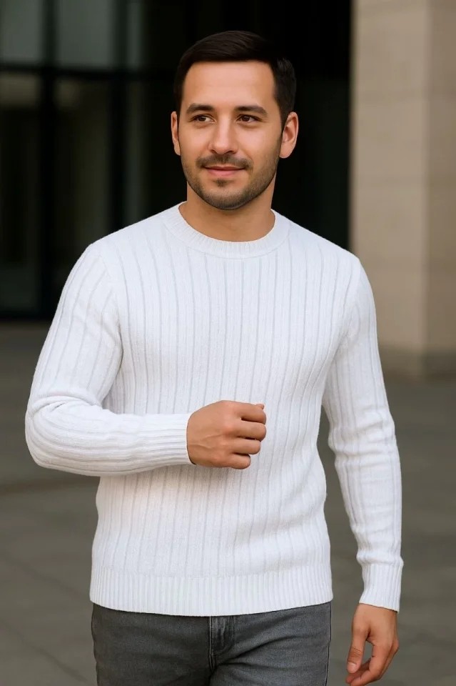 Erkek Bisiklet Yuvarlak Yaka Triko Kazak Pamuklu Kalın Fitilli Dokuma, Regular Fit Uzun Kollu Kışlık Model - Beyaz görsel 2