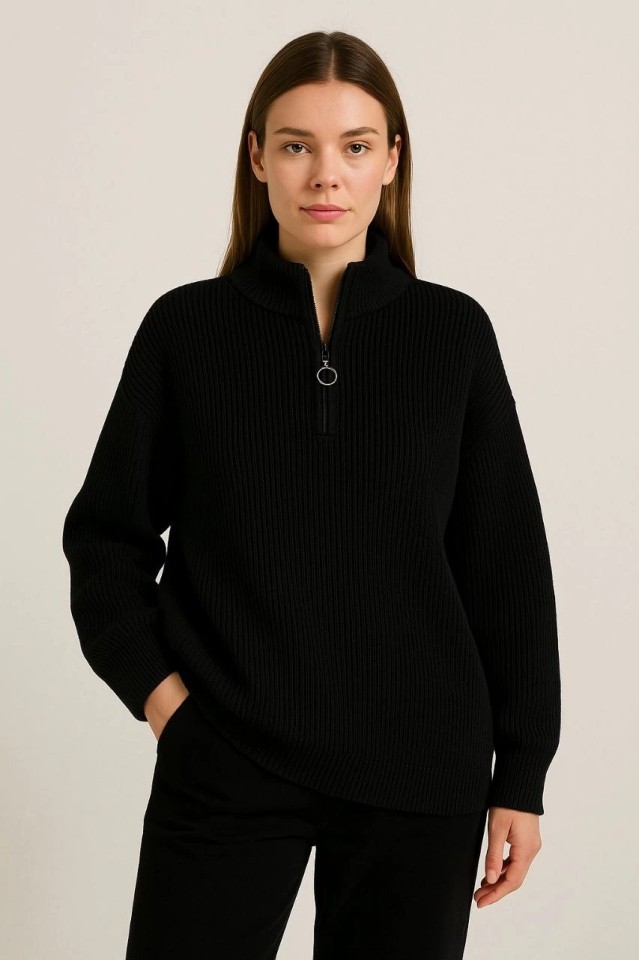 Kadın Yarım Fermuarlı Triko Kazak, Selanik Örgü, Dik Yaka, Pamuklu Dokuma, Oversize Uzun Kollu Kışlık Model - Siyah