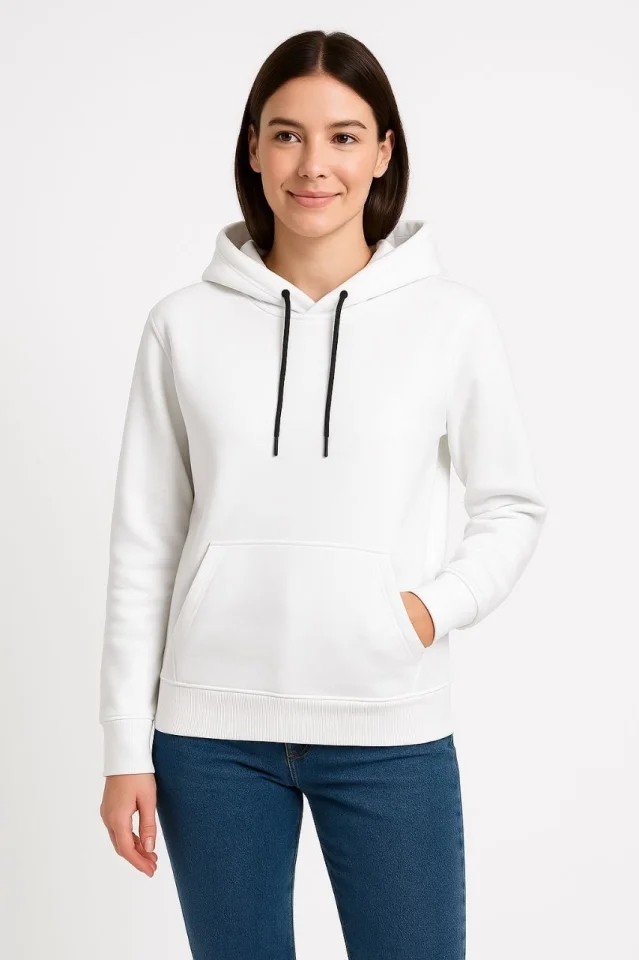 Üç Iplik Kapüşonlu Kanguru Çepli Sweatshirt Hoodie - Beyaz