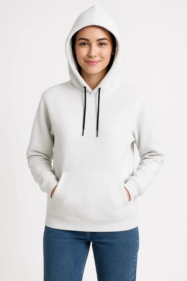 Üç Iplik Kapüşonlu Kanguru Çepli Sweatshirt Hoodie - Beyaz görsel 4