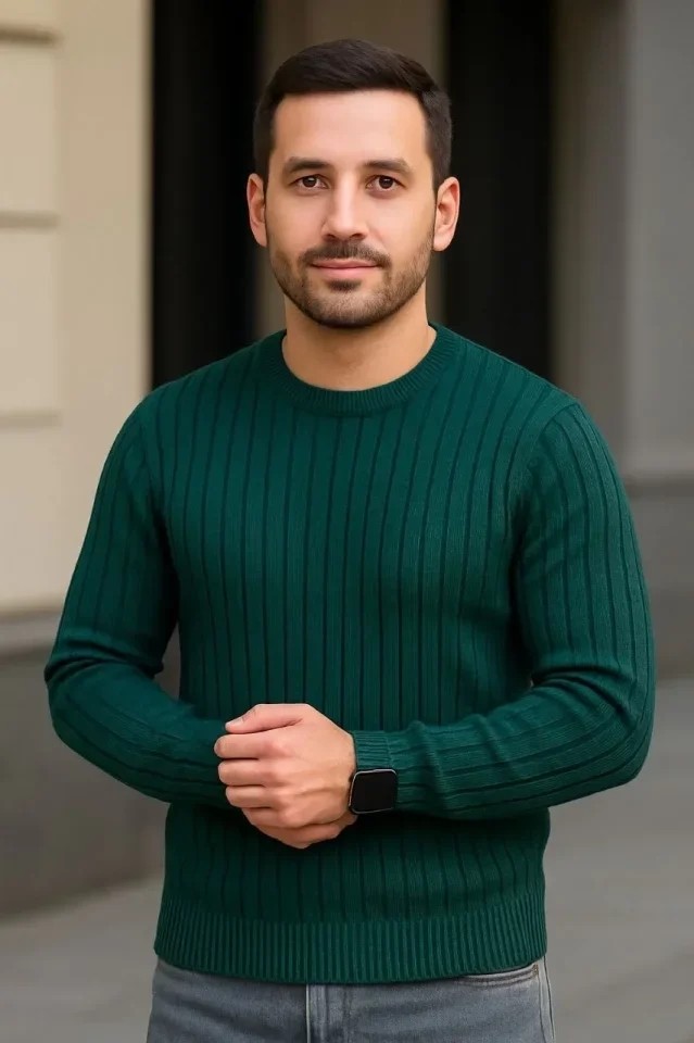 Erkek Fitilli Triko Kazak 2’li Set Siyah Haki Kalın Dokuma Pamuklu Regular Fit Bisiklet görsel 2