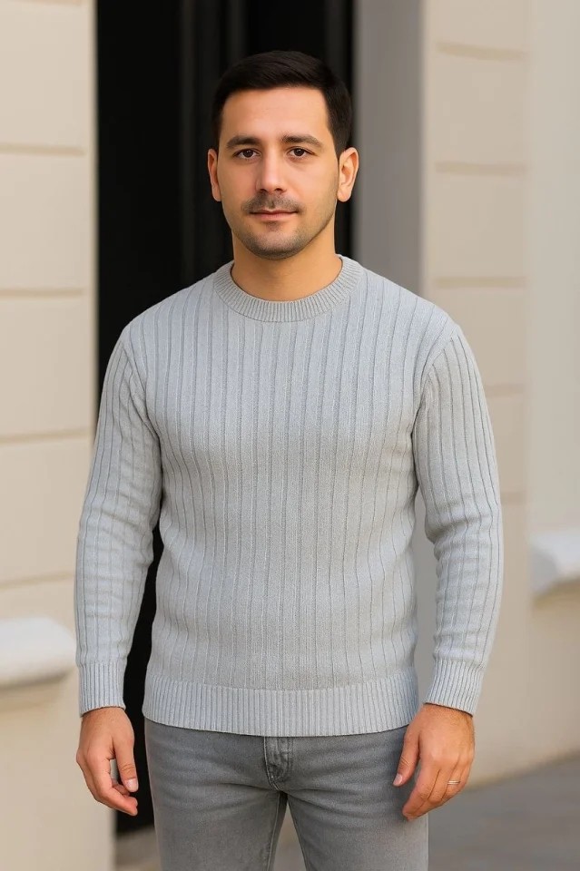 Erkek Bisiklet Yuvarlak Yaka Triko Kazak Pamuklu Kalın Fitilli Dokuma, Regular Fit Uzun Kollu Kışlık Model - Gri görsel 3