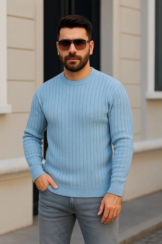 Erkek Bisiklet Yuvarlak Yaka Triko Kazak Pamuklu Kalın Fitilli Dokuma, Regular Fit Uzun Kollu Kışlık Model - Bebe Mavisi görsel 2