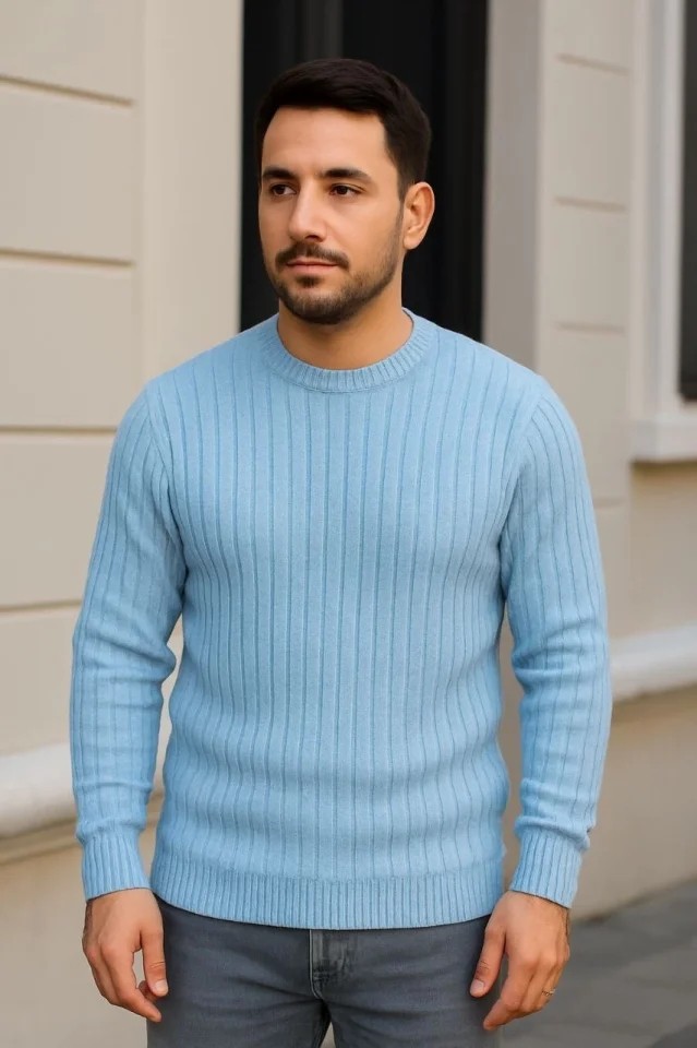 Erkek Bisiklet Yuvarlak Yaka Triko Kazak Pamuklu Kalın Fitilli Dokuma, Regular Fit Uzun Kollu Kışlık Model - Bebe Mavisi görsel 3