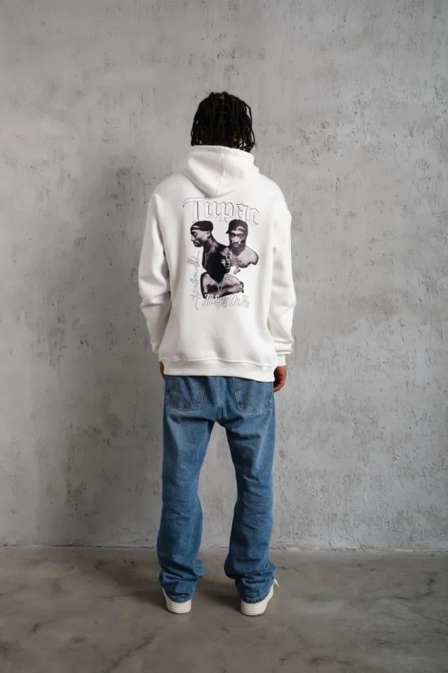 Erkek Oversize Üç Iplik Kapüşonlu Sweat, Kol ve Etek Ribana Detaylı, Ön ve Sırt Baskılı, Kanguru Cepli Rahat Kalıp Model - Beyaz görsel 3
