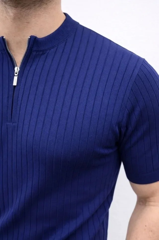 Erkek Kısa Kol Fitilli Triko T-Shirt Yazlık Hakim Yaka Tişört - Lacivert görsel 3