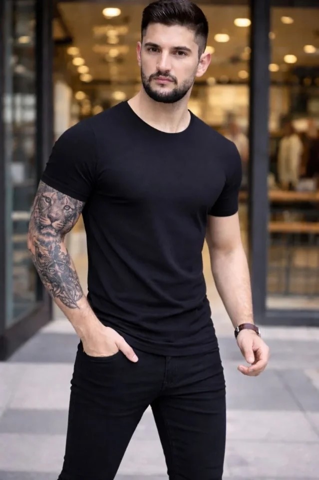 Erkek T-Shirt Bisiklet Yaka Slim Fit Dar Kesim Likralı Tişört Günlük Basic Body - Siyah görsel 2