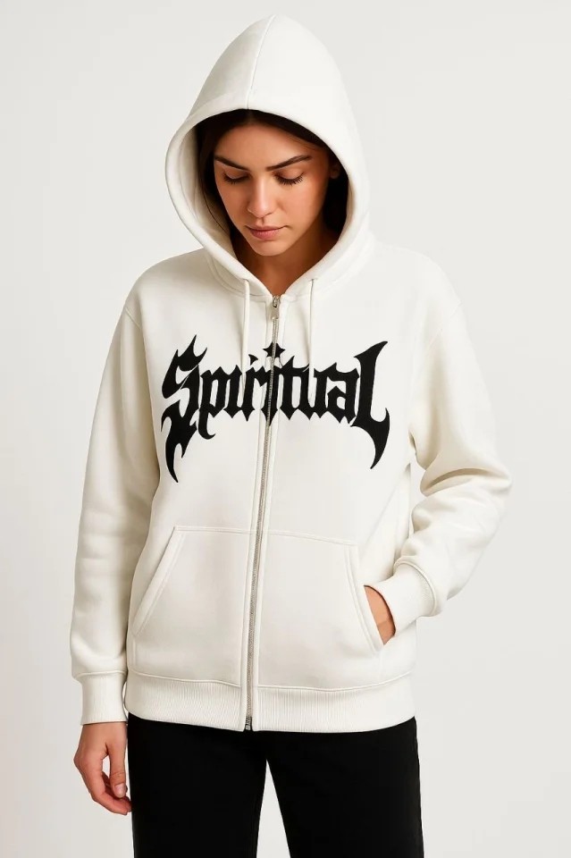 Oversize Kapüşonlu Sweatshirt Hoodie 3 Iplik Şardonlu Pamuklu Kumaş, Önü Baskılı, Fermuarlı Rahat Kalıp, Kışlık ve Sokak Stili Sweat - Beyaz görsel 2