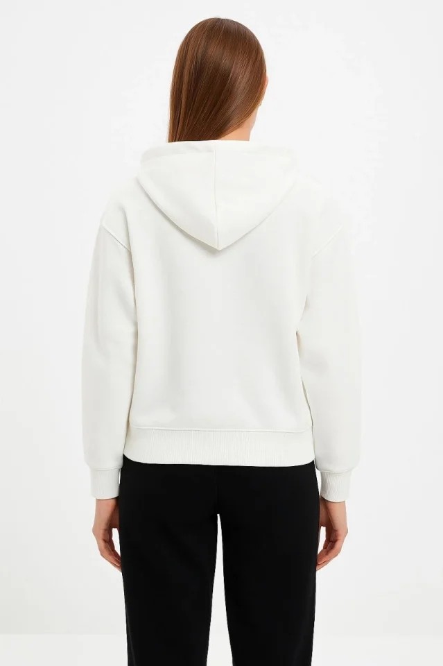 Oversize Kapüşonlu Sweatshirt Hoodie 3 Iplik Şardonlu Pamuklu Kumaş, Önü Baskılı, Fermuarlı Rahat Kalıp, Kışlık ve Sokak Stili Sweat - Beyaz görsel 4