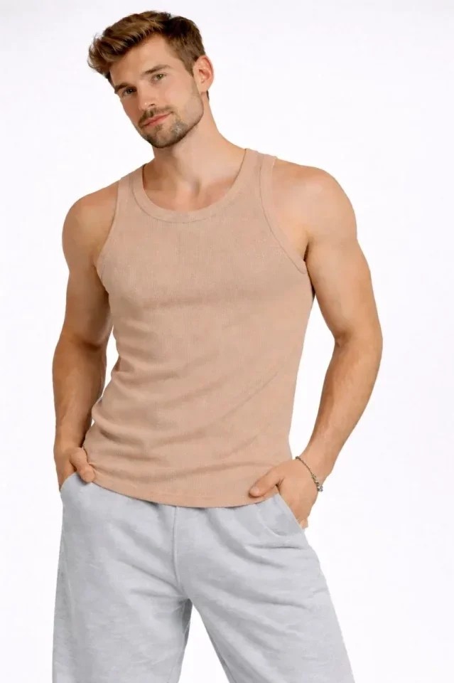 Erkek Fitilli Atlet Sıfır Yaka Slim Fit Arka Baskılı Spor Atlet - Bej görsel 3