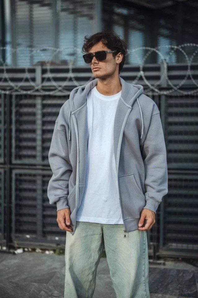 Oversize Tam Fermuarlı Uzun Kol Hırka - Gri görsel 2
