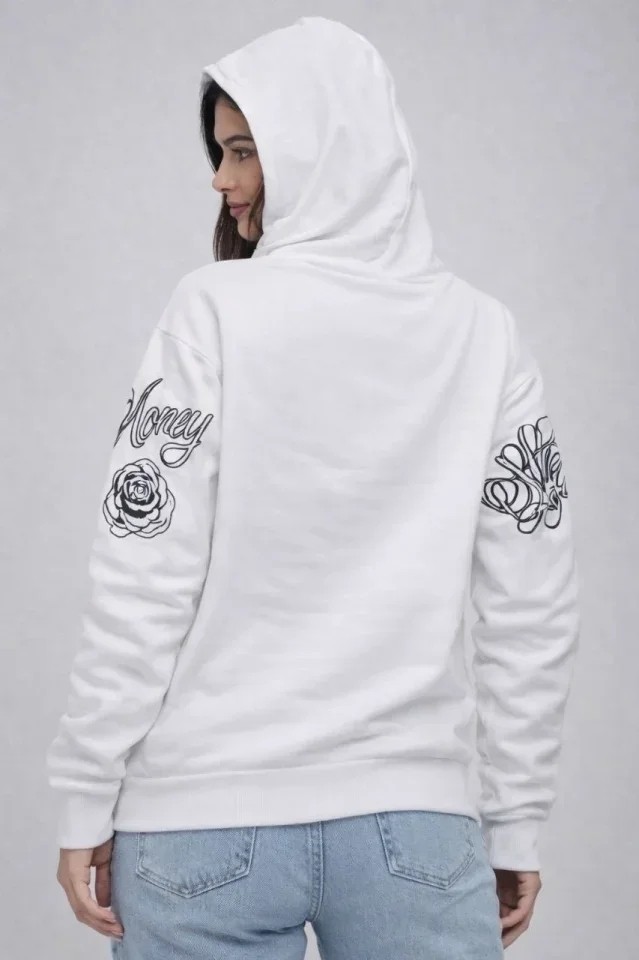 3 Iplik Pamuklu Kapüşonlu Baskılı Sweatshirt Hoodie - Beyaz görsel 2