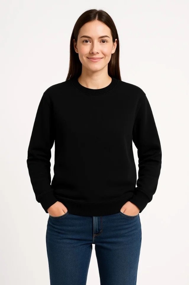 Üç Iplik Düz Bisiklet Yaka Sweatshirt - Siyah görsel 2