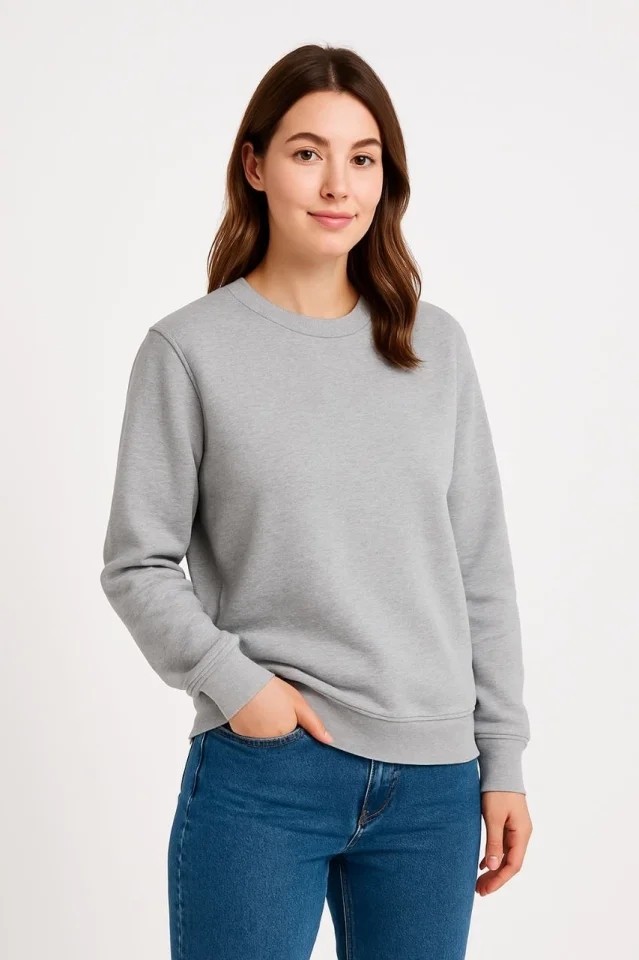Üç Iplik Düz Bisiklet Yaka Sweatshirt - Gri