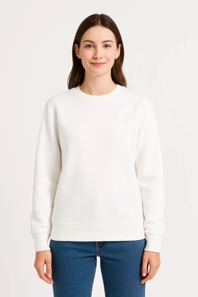 Üç Iplik Düz Bisiklet Yaka Sweatshirt - Beyaz görsel 2