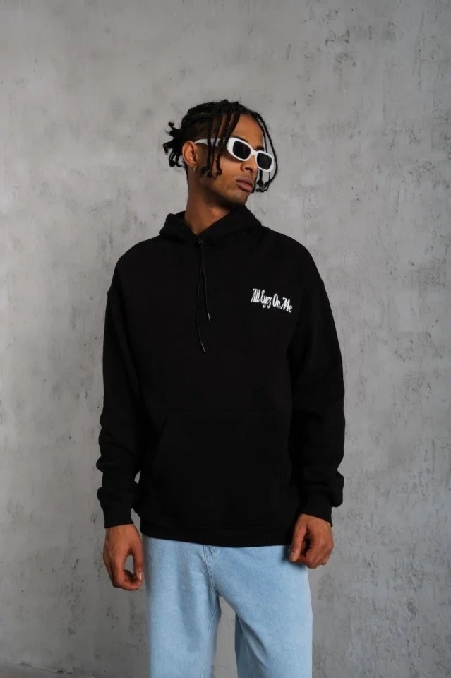 Erkek Oversize Üç Iplik Kapüşonlu Sweat, Siyah Kol ve Etek Ribana Detaylı, Ön ve Sırt Baskılı, Kanguru Cepli Rahat Kalıp Model
