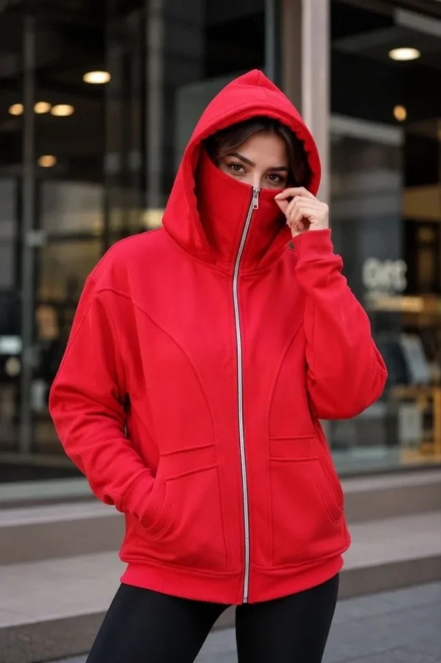 Çamaşır Kenti Maskeli Ninja Model Çift Kapüşonlu 3 Iplik Şardonlu Fermuarlı Oversize Sweatshirt görsel 2