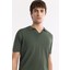 Erkek Haki Düğmesiz Polo Yaka Boyuna Ajur Desenli Rayon Triko T-shirt A51Y5015 2