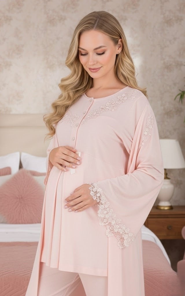 raia Yeni Sezon Pudra Emzirme Özellikli Ispanyol Kol Tasarım Hamile Lohusa Sabahlık Pijama Takımı 3'lü Set