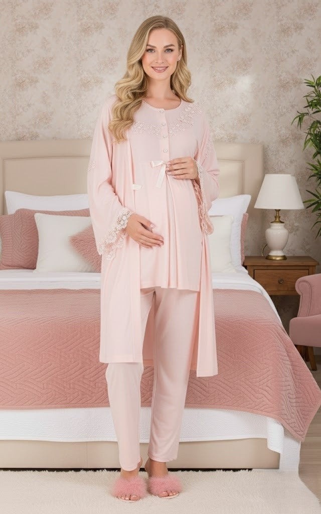 raia Yeni Sezon Pudra Emzirme Özellikli Ispanyol Kol Tasarım Hamile Lohusa Sabahlık Pijama Takımı 3'lü Set görsel 2