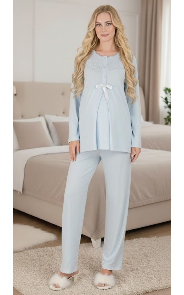 raia Yeni Sezon Pudra Emzirme Özellikli Ispanyol Kol Tasarım Hamile Lohusa Sabahlık Pijama Takımı 3'lü Set görsel 7