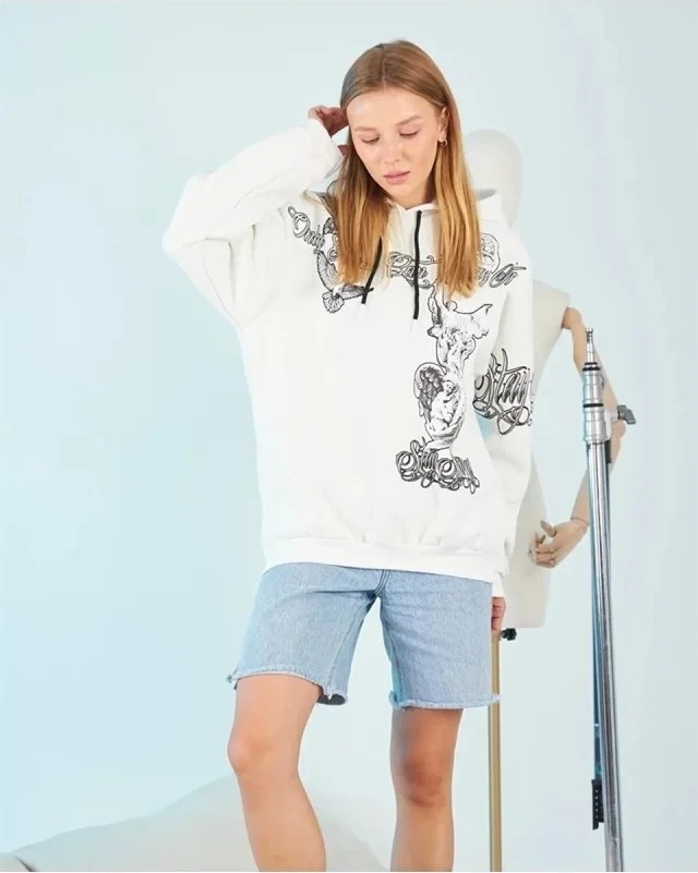Kapüşonlu Üç Iplik Sweatshirt, Beyaz Strong Heykel Baskılı, Rahat Kalıp, Kanguru Cepli Modern Tasarım