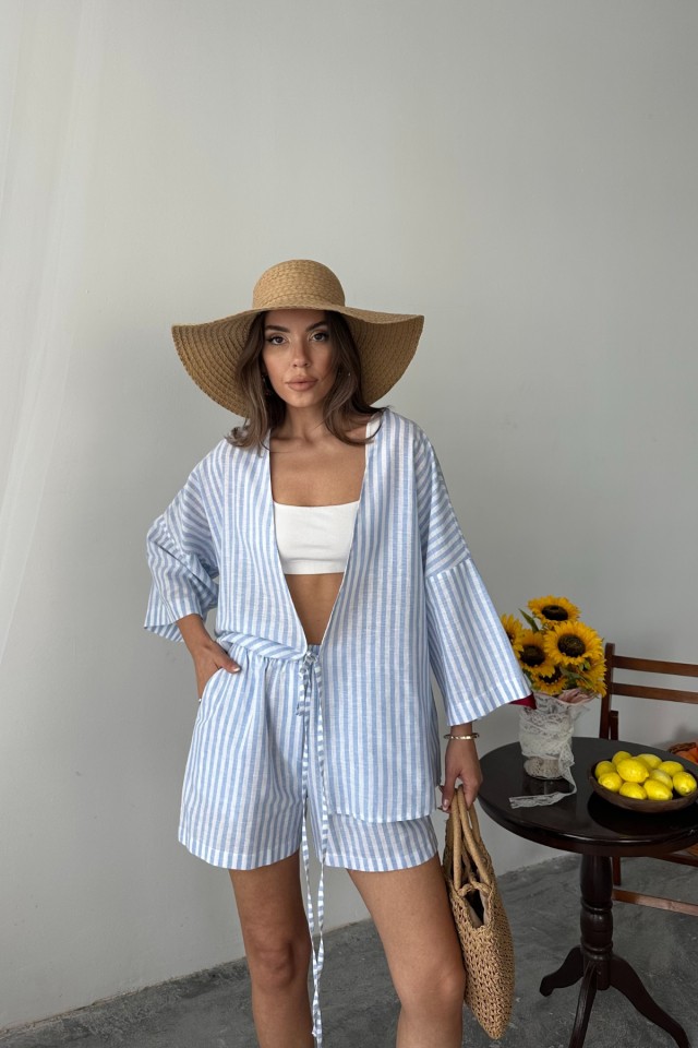 Gökyüzü Moda Çizgili Tunik -Şort Takım - Mavi görsel 3