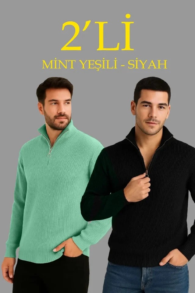 Çamaşır Kenti Erkek Fitilli Triko Kazak 2’li Set, Mint Yeşili Siyah, Kalın Dokuma Pamuklu Regular Fit V Yaka Fermuarlı Uzun Kollu Rahat Kışlık Kazak Kombini