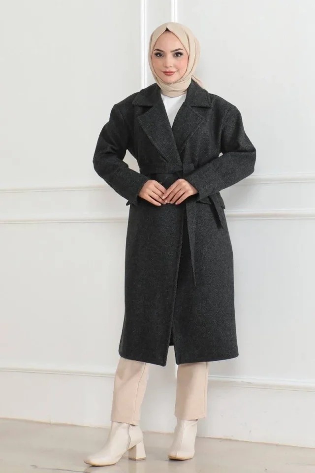 Trend Cojans Kaşe Kaban Uzun Boy 115 cm Kruvaze Yaka Kuşaklı Astarlı Tesettür Kaban Yünlü - Siyah görsel 3