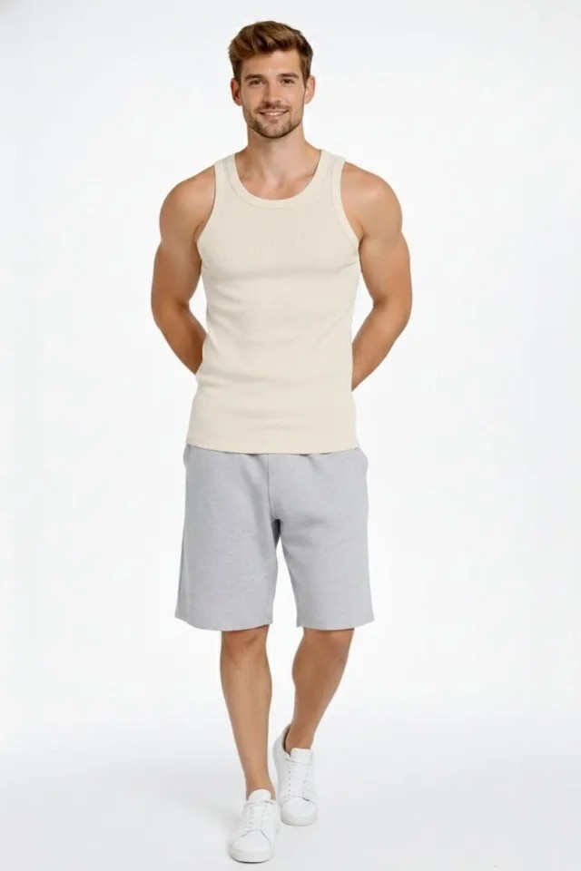 Demir Grup cc Erkek Fitilli Atlet Sıfır Yaka Slim Fit Arka Baskılı Spor Atlet - Krem görsel 6