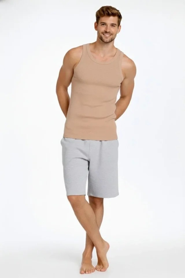 Demir Grup cc Erkek Fitilli Atlet Sıfır Yaka Slim Fit Arka Baskılı Spor Atlet - Bej görsel 5