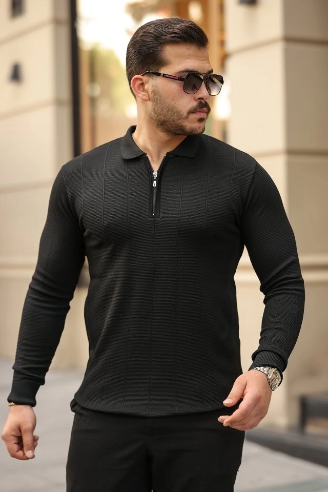 Lune Store Erkek Pirinç Desenli Uzun Kollu Yakalı Triko