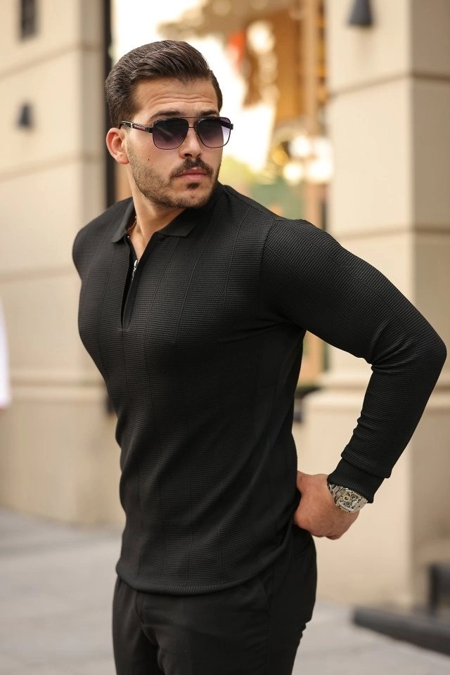 Lune Store Erkek Pirinç Desenli Uzun Kollu Yakalı Triko görsel 2