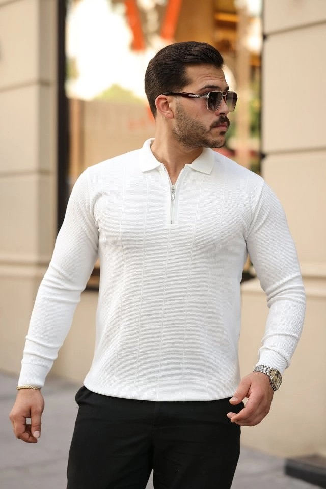 Lune Store Erkek Pirinç Desenli Uzun Kollu Yakalı Triko