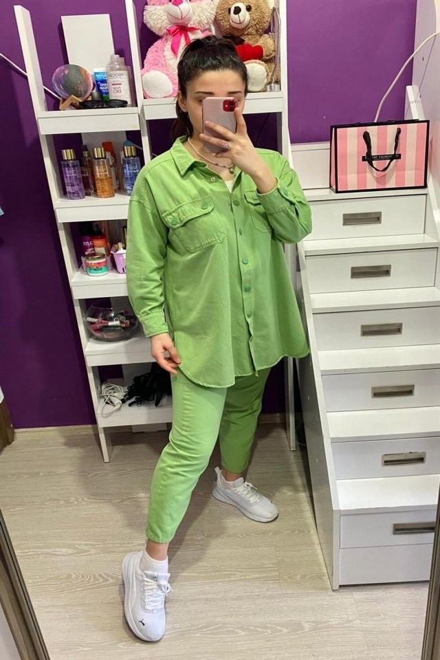 De'Charme Yeşil Yıkamalı Gömlek ve Pantolon Takım görsel 2