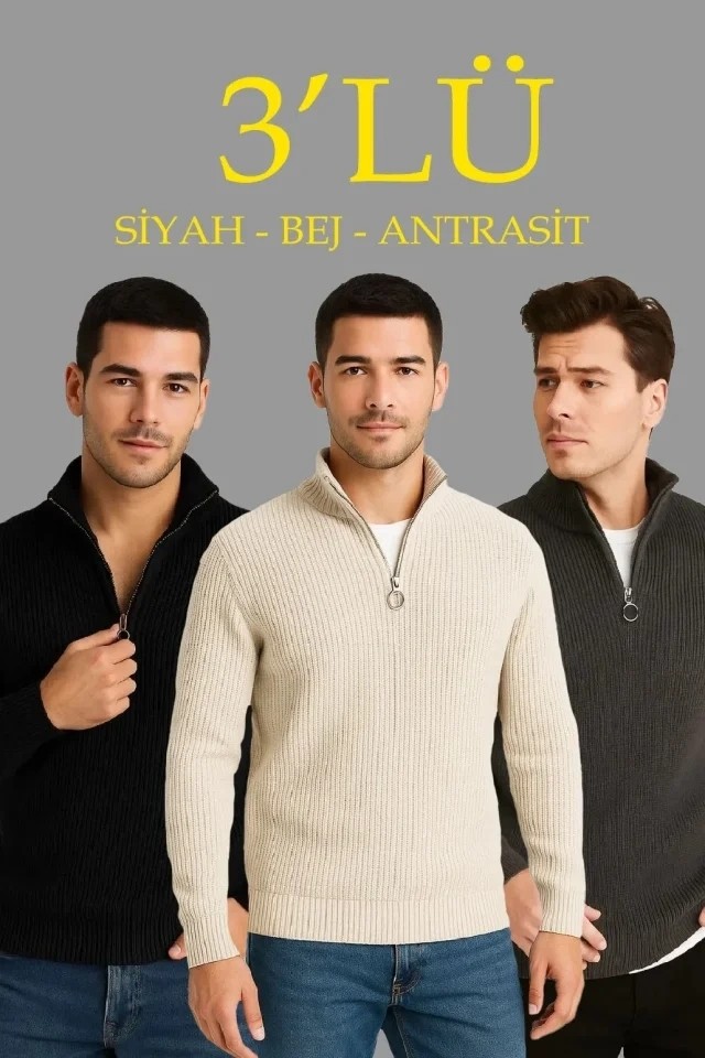 Beruflic Erkek Fitilli Triko Kazak 3’lü Set, Antrasit, Siyah, Bej Kalın Dokuma Pamuklu Regular Fit V Yaka Fermuarlı Uzun Kollu Rahat Kışlık Kazak Kombini