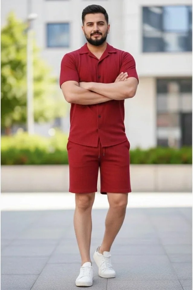 TeknoKapsül Erkek Waffle Kumaş Kısa Kollu Gömlek Şort Takım Regular Fit Yazlık Ikili Set - Bordo - Bordo / Xl