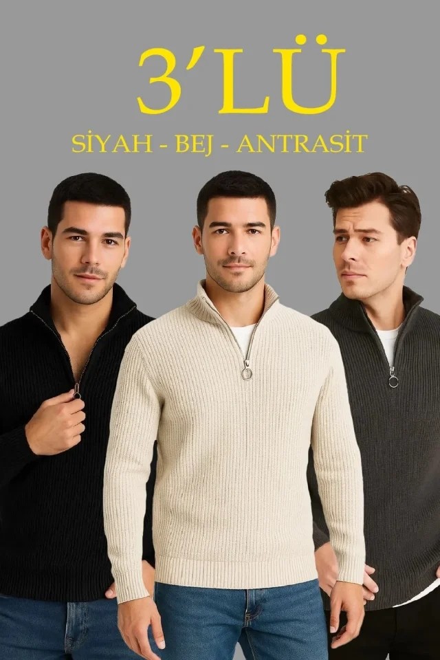 TeknoKapsül Erkek Fitilli Triko Kazak 3’lü Set, Antrasit, Siyah, Bej Kalın Dokuma Pamuklu Regular Fit V Yaka Fermuarlı Uzun Kollu Rahat Kışlık Kazak Kombini - Antrasit-Siyah-Bej / L