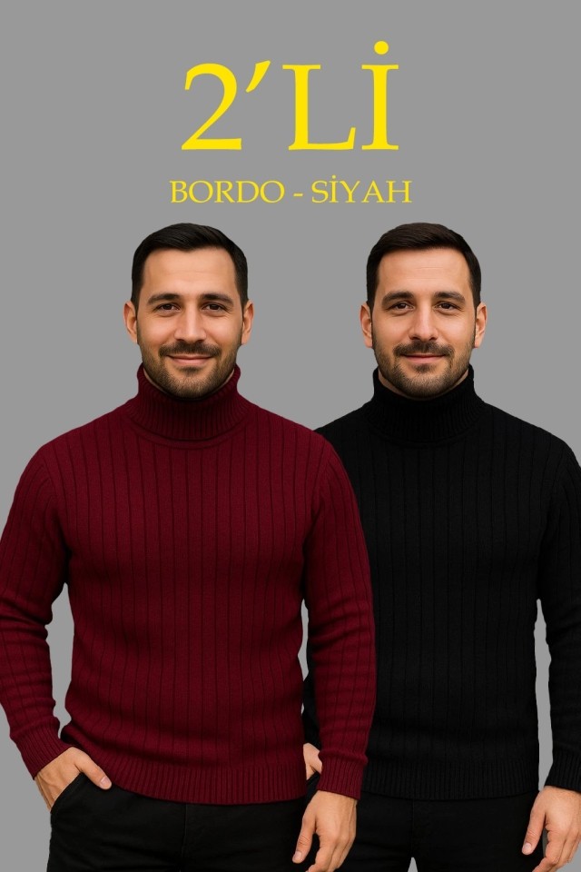 TeknoKapsül Erkek Fitilli Triko Kazak 2li Set Bordo Siyah Regular Balıkcı Yaka Tam Boğazlı Triko Seti Modeli Kazak - Çok Renkli / S