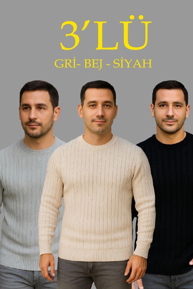 TeknoKapsül Erkek Fitilli Triko Kazak 3lü Set Bej Gri Siyah Regular Fit Bisiklet Yaka Triko Seti Kazak Modeli - Siyah - Bej - Gri / S görsel 2