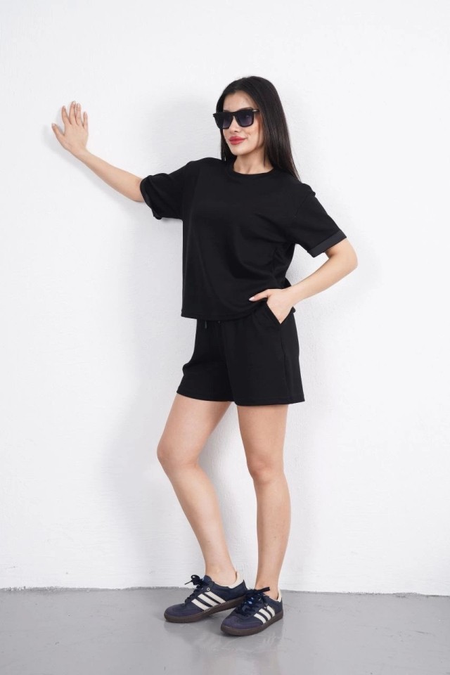 TeknoKapsül Osy Modal Yumuşak Dokulu Kumaş Bisiklet Yaka T-Shirt Kısa Şort Ikili Takım - Siyah - Siyah / L görsel 2