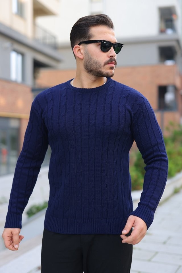 TeknoKapsül Erkek Örgü Desen Bisiklet Yaka Kazak - Lacivert / 2xl görsel 3