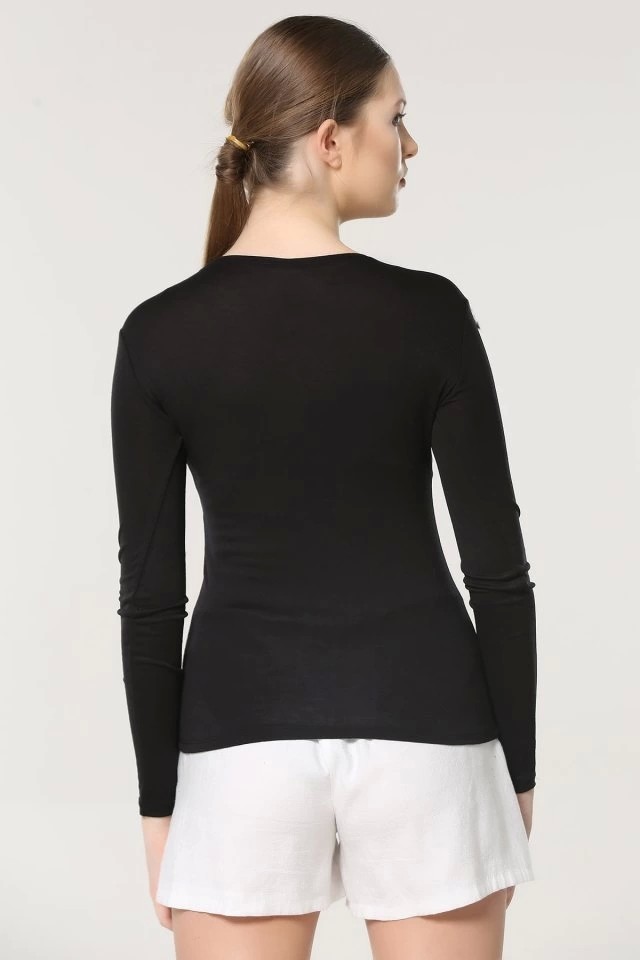 Lisinya Rahat ve Şık Uzun Kollu Bisiklet Yaka Likralı Viskon Penye Body Siyah ( Lisinya ) görsel 6