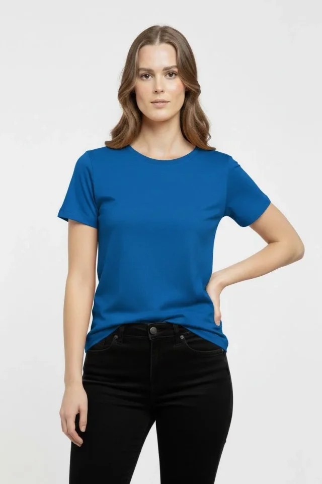 Veraura Lifestyle T-Shirt Bisiklet Yaka Slim Fit Likralı Tişört Günlük Basic Body - Indigo