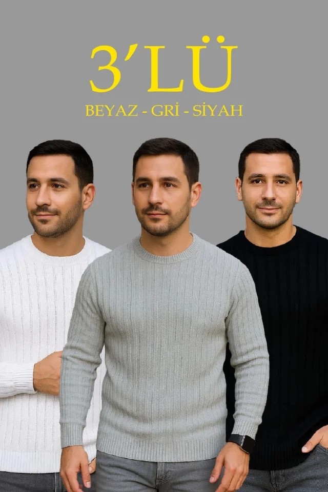 Erkek Fitilli Triko Kazak 3’lü Set, Beyaz, Gri, Siyahkalın Dokuma Pamuklu Regular Fit Bisiklet Yaka Uzun Kollu Kışlık ve Baharlık Rahat Triko Kombini