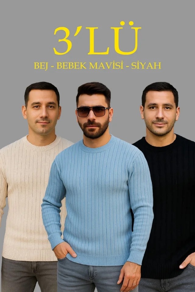 Erkek Fitilli Triko Kazak 3’lü Set, Bej, Bebek Mavisi, Siyahkalın Dokuma Pamuklu Regular Fit Bisiklet Yaka Uzun Kollu Kışlık ve Baharlık Rahat Triko Kombini